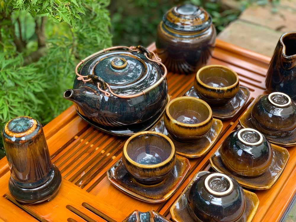 Bộ ấm chén Bát Tràng men hỏa biến hổ phách dáng Giang Tây 3